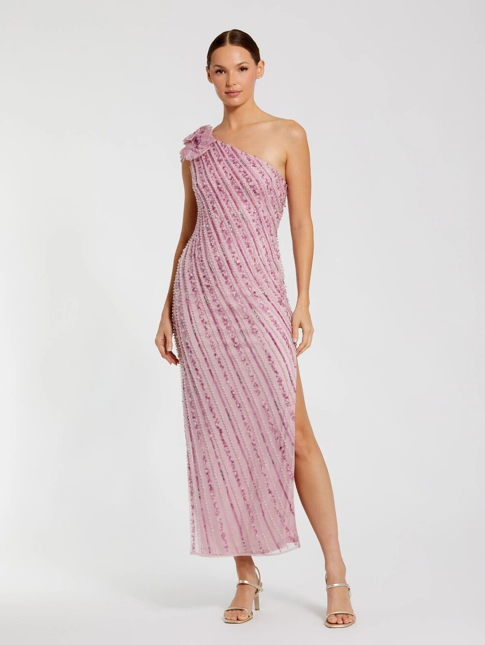 Mac Duggal One-Shoulder Pink Beaded Evening Gown NWT Size 4